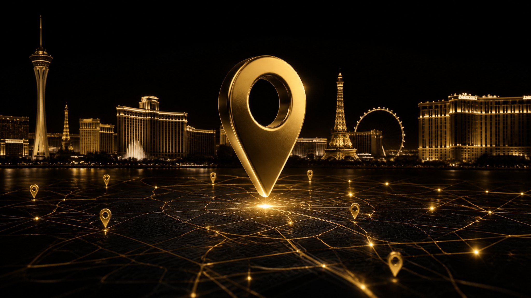 Glowing gold map location pin over a Las Vegas skyline — local SEO and Google Maps visibility